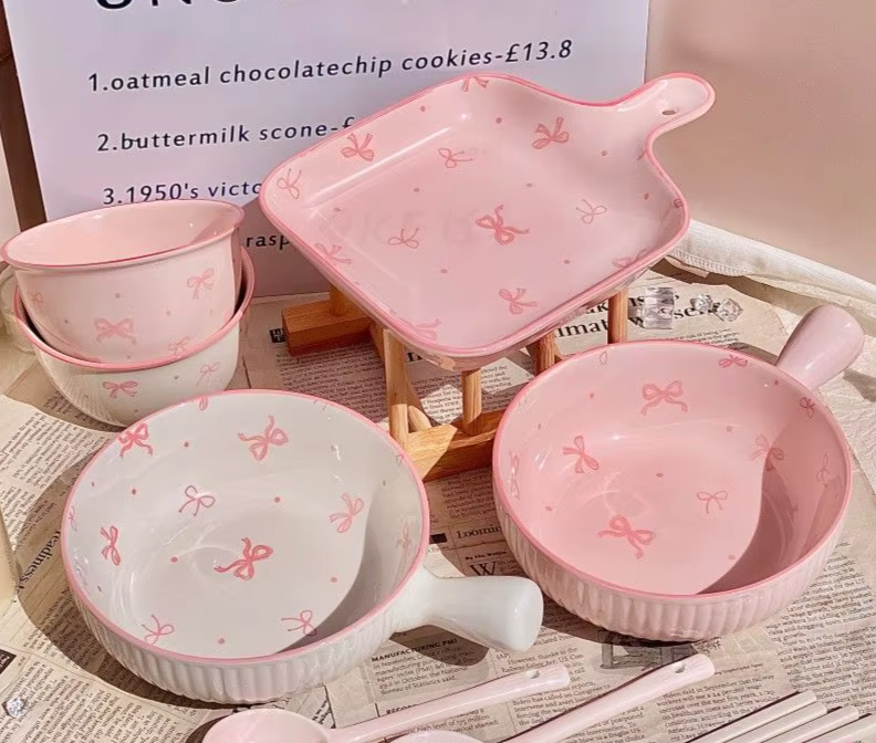 Pink Bow Ceramic Cutlery & Tableware Set – Elegant Breakfast & Dessert Collection