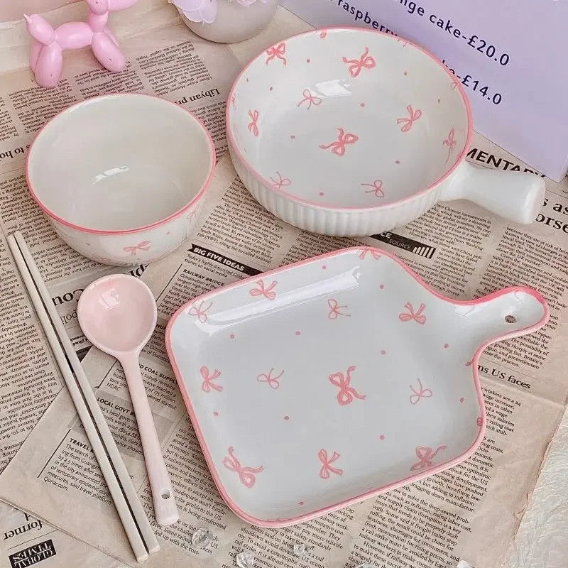 Pink Bow Ceramic Cutlery & Tableware Set – Elegant Breakfast & Dessert Collection