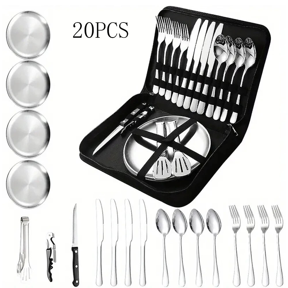 Portable Outdoor Camping Cutlery Set – 10/20Pcs Stainless Steel Utensil Kit for Picnic & Hiking