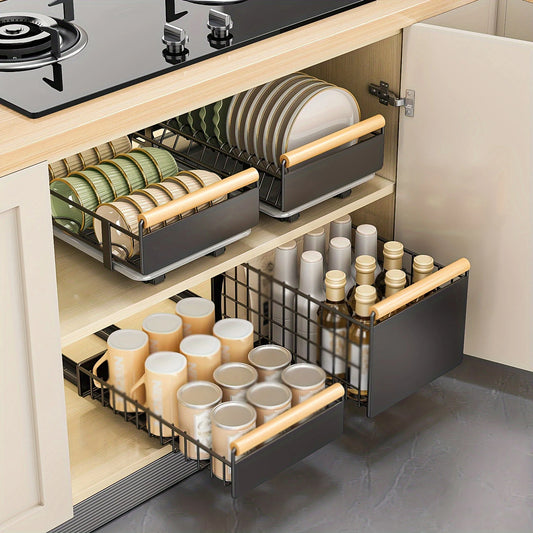 [Best-seller]SleekPull Dish Rack – Space-Saving Pull-Out Drying Rack with Wooden Handle & Drain Tray