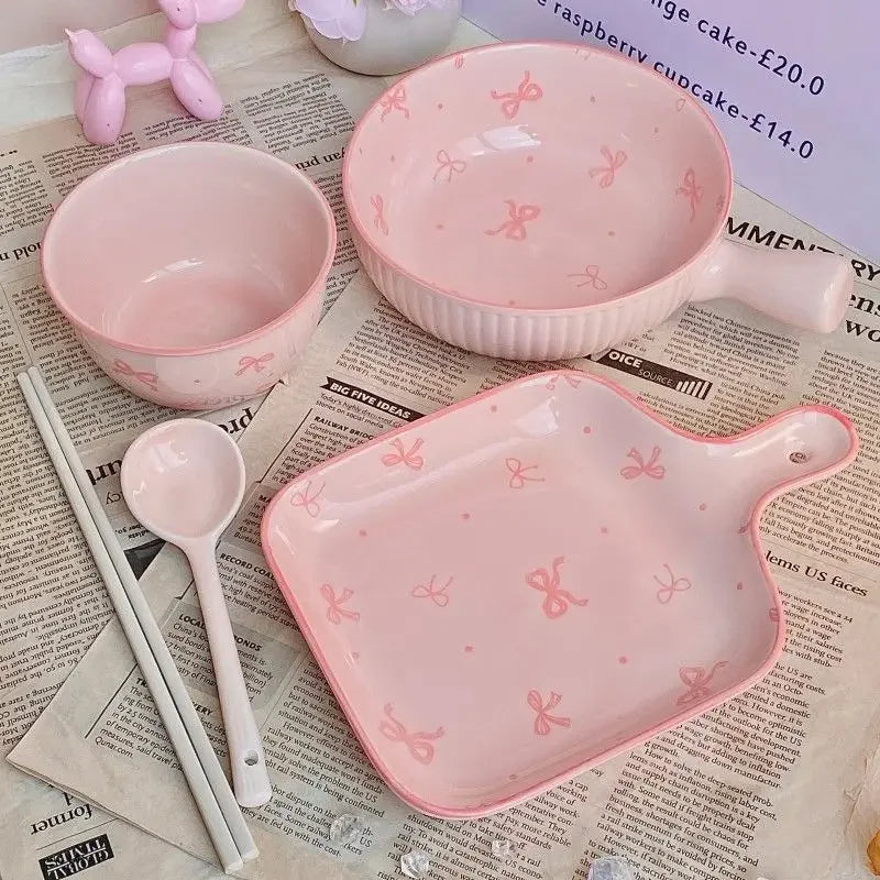 Pink Bow Ceramic Cutlery & Tableware Set – Elegant Breakfast & Dessert Collection