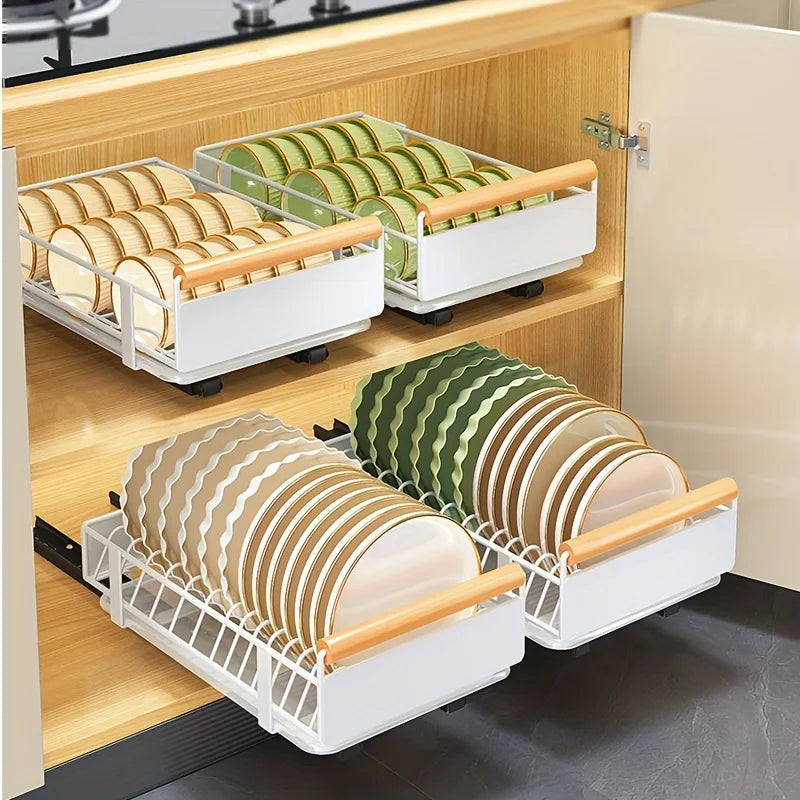 [Best-seller]SleekPull Dish Rack – Space-Saving Pull-Out Drying Rack with Wooden Handle & Drain Tray